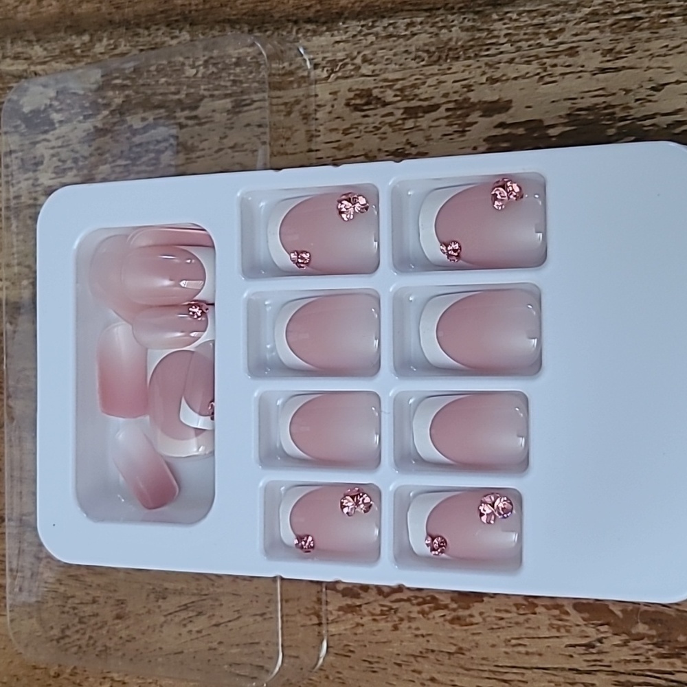 Pink Rhinestone French Manicure Press On Nails - Picture 11 of 14